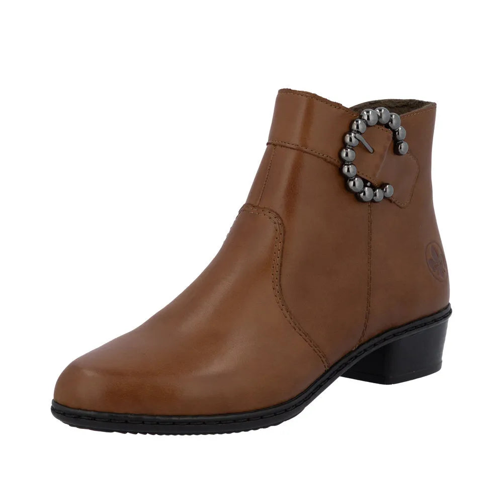 Rieker Y0797-24 Ladies Brown Leather Side Zip Ankle Boots with Beaded Buckle Detail and Block Heel