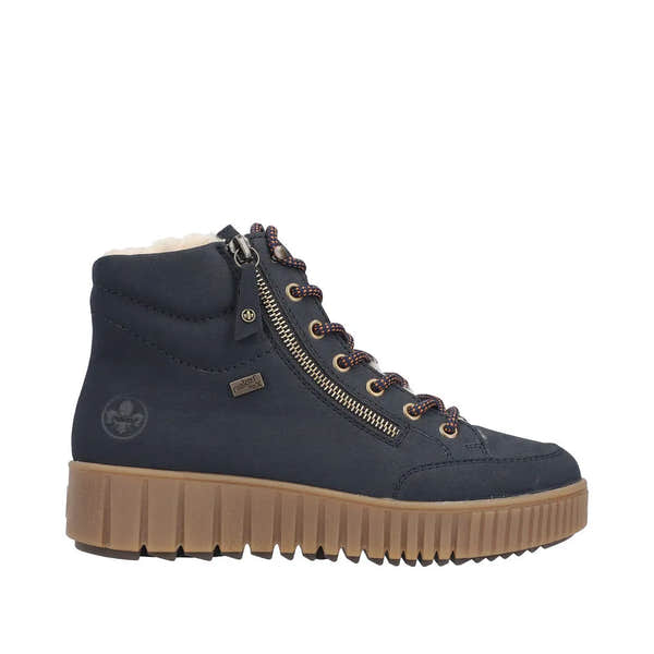Rieker Y6104-14 women's water-resistant blue ankle boots with zip, lace-up closure, and chunky tan sole.