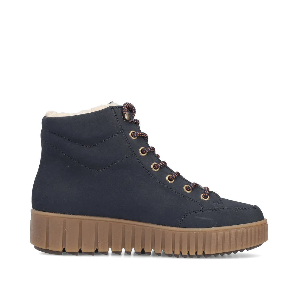 Rieker Y6104-14 women's blue water-resistant ankle boots with zip, lace-up, chunky sole, and sherpa lining.