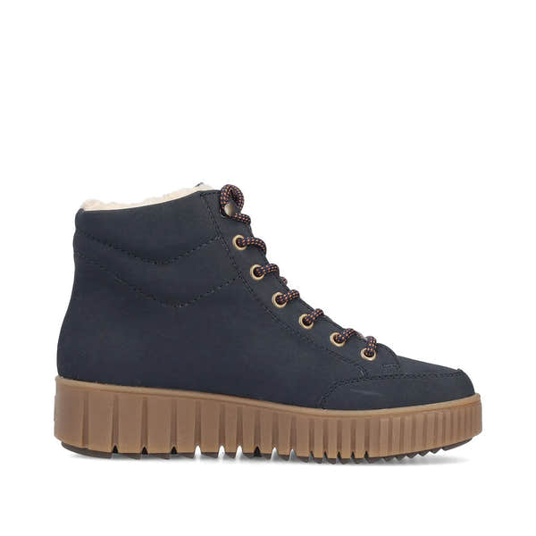 Rieker Y6104-14 women's blue water-resistant ankle boots with zip, lace-up, chunky sole, and sherpa lining.