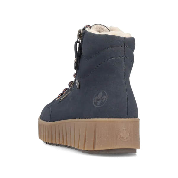 Rieker Y6104-14 Ladies blue water-resistant ankle boots with zip and lace, faux fur lining, and chunky tan rubber sole.