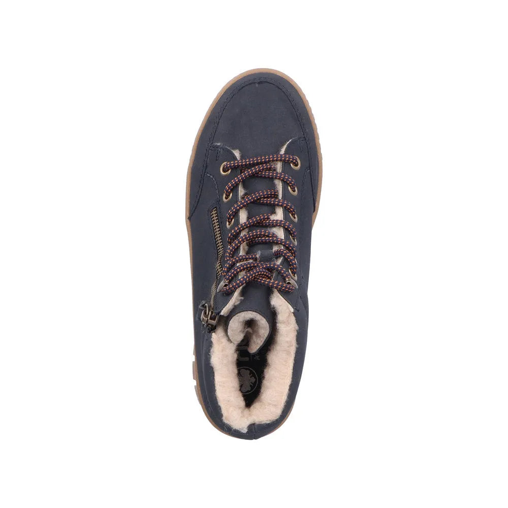 Rieker Y6104-14 Women's Blue Water-Resistant Ankle Boots with Zip, Lace-up, and Faux Shearling Interior.