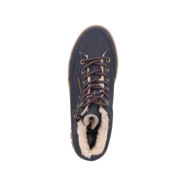Rieker Y6104-14 Women's Blue Water-Resistant Ankle Boots with Zip, Lace-up, and Faux Shearling Interior.