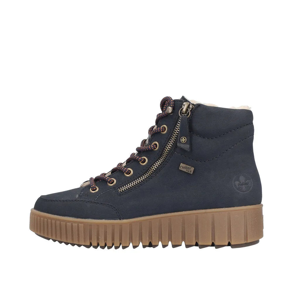 Rieker Y6104-14 Ladies Blue Water-Resistant Leather Ankle Boots with Zip, Laces, and Cushioned Sole.