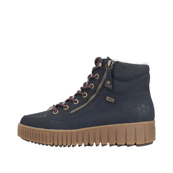 Rieker Y6104-14 Ladies Blue Water-Resistant Leather Ankle Boots with Zip, Laces, and Cushioned Sole.