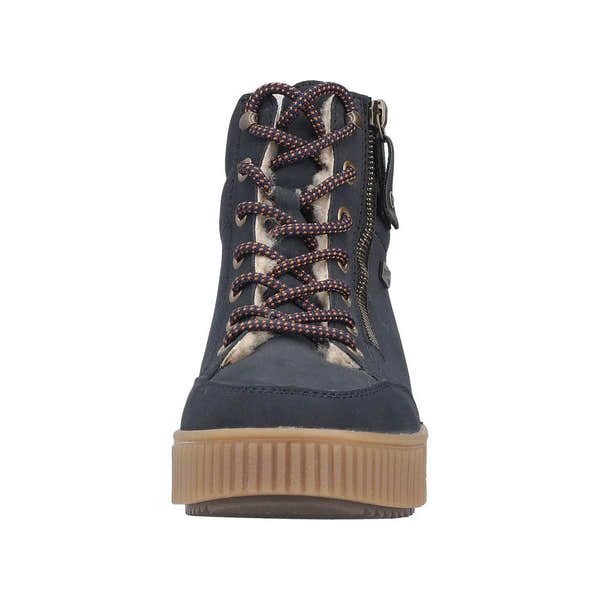 Rieker Y6104-14 Ladies blue water-resistant ankle boots with lace-up front, side zipper, and chunky rubber sole.