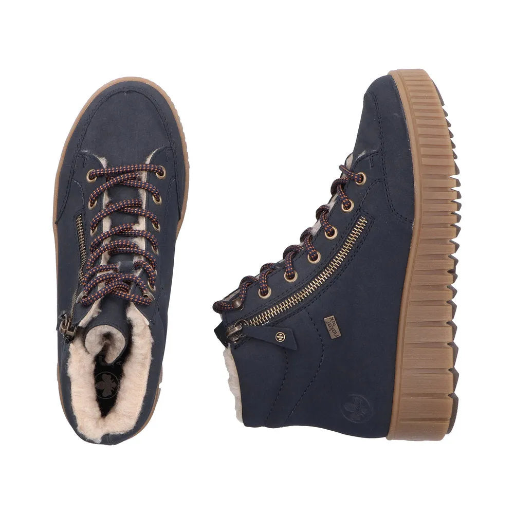 Rieker Y6104-14 women's blue water-resistant ankle boots with zip, lace-up design, and cozy fur lining.