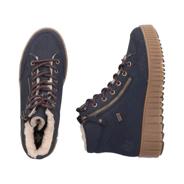 Rieker Y6104-14 women's blue water-resistant ankle boots with zip, lace-up design, and cozy fur lining.