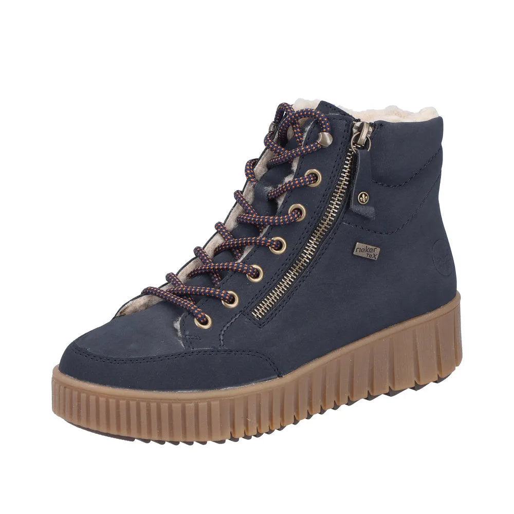 Rieker Y6104-14 ladies' blue water-resistant ankle boots with lace-up and side zipper, cushioned sole, and rugged rubber outsole.