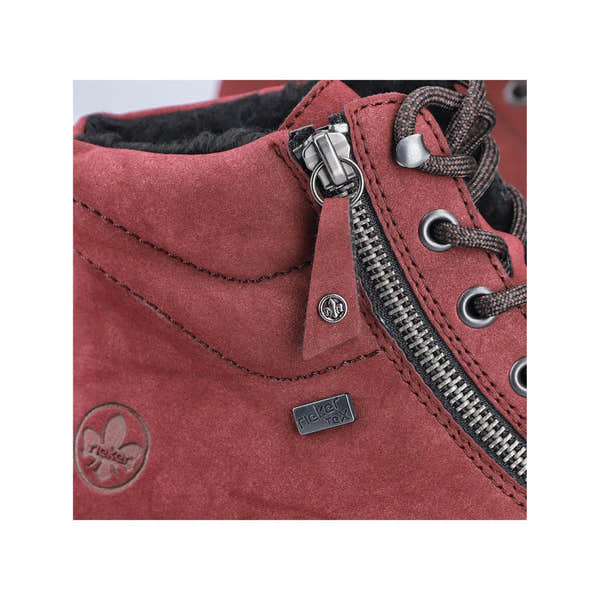 Rieker Y6104-35 women's red water-resistant ankle boots with zip, lace-up front, and black fleece lining.
