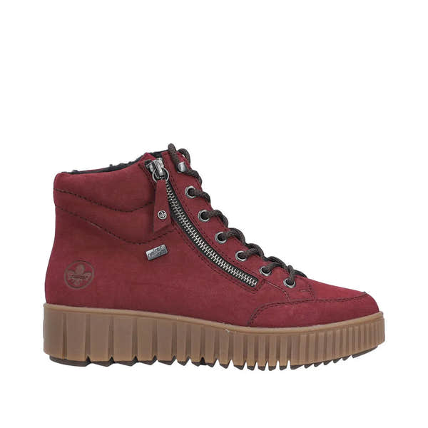 Rieker Y6104-35 women's red water-resistant ankle boots with lace-up and zip closure, chunky rubber sole, and logo details.