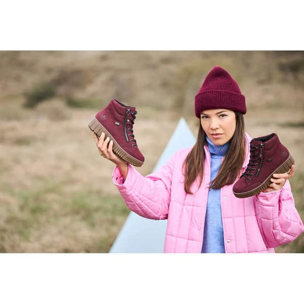 Rieker Y6104-35 women's water-resistant red ankle boots with zip and lace-up design, rugged sole, ideal for outdoorwear.
