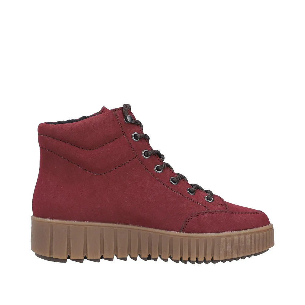 Rieker Y6104-35 women's red water-resistant ankle boots with laces and zip, cushioned sole, rugged outsole, ankle-high design.