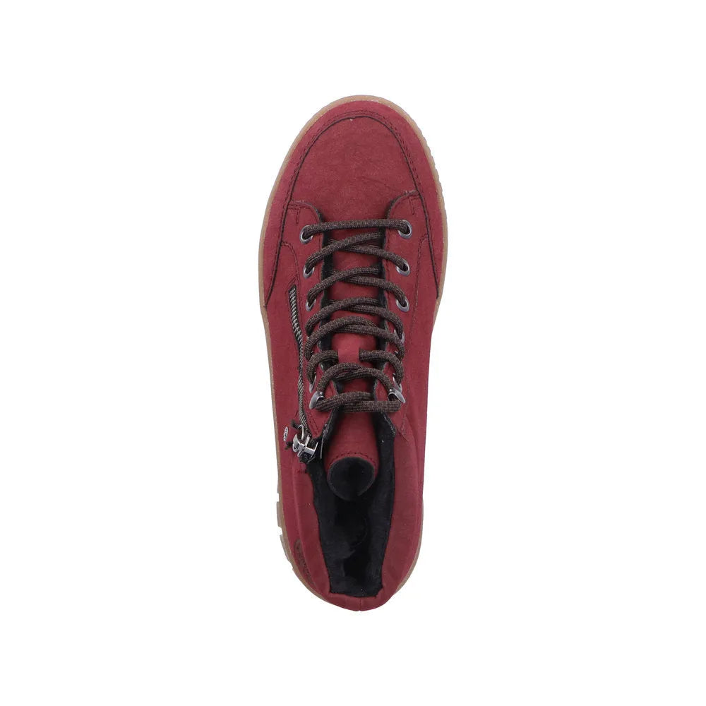 Rieker Y6104-35 women's water-resistant ankle boots with red leather, lace-up front, side zip, and cozy black lining.