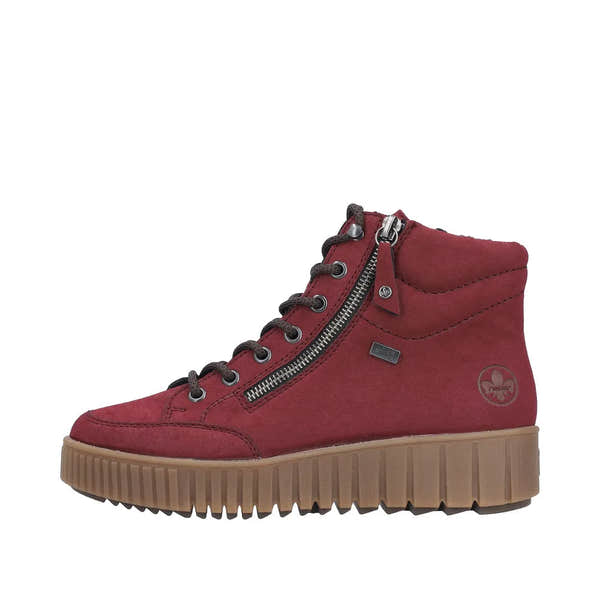 Rieker Y6104-35 women's red water-resistant ankle boots with zip and lace-up closure, cushioned sole, and rugged rubber outsole.