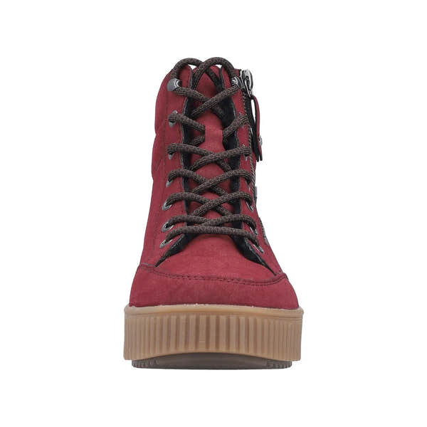 Rieker Y6104-35 women's red water-resistant lace-up ankle boots with side zipper, rugged sole, and stylish design.