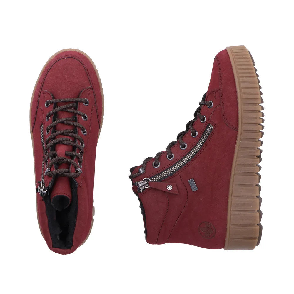 Rieker Y6104-35 women's red water-resistant ankle boots with zip and lace-up, chunky gum sole, and stylish design.