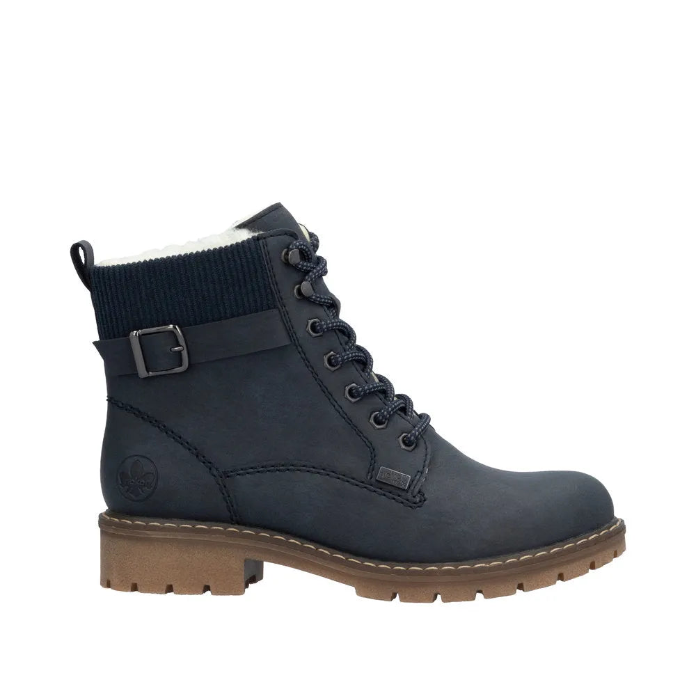 Rieker Y9102-14 women's navy blue water-resistant ankle boots with lace-up front, zip closure, and cozy lining.