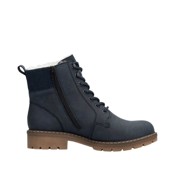 Rieker Y9102-14 Women's blue water-resistant ankle boots with lace-up, zipper side, waterproof design, cushioned sole, and rugged tread.