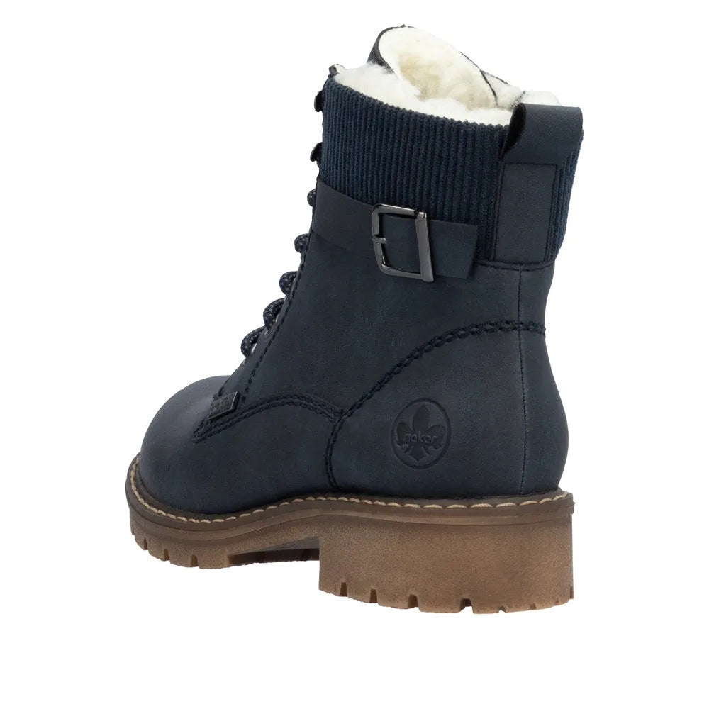 Rieker Y9102-14 Women's Blue Water-Resistant Ankle Boots with zip and lace, faux fur lining, and chunky sole.