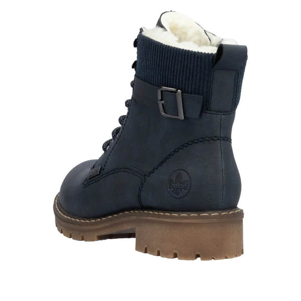 Rieker Y9102-14 Women's Blue Water-Resistant Ankle Boots with zip and lace, faux fur lining, and chunky sole.