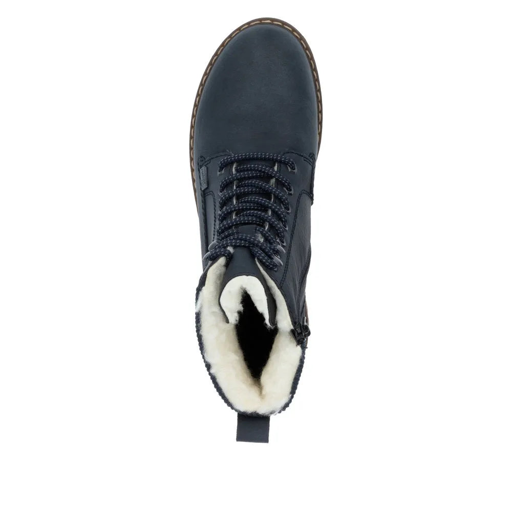 Rieker Y9102-14 women's blue water-resistant ankle boots with zip, lace-up, and cozy faux fur lining.