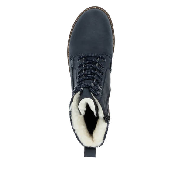 Rieker Y9102-14 women's blue water-resistant ankle boots with zip, lace-up, and cozy faux fur lining.