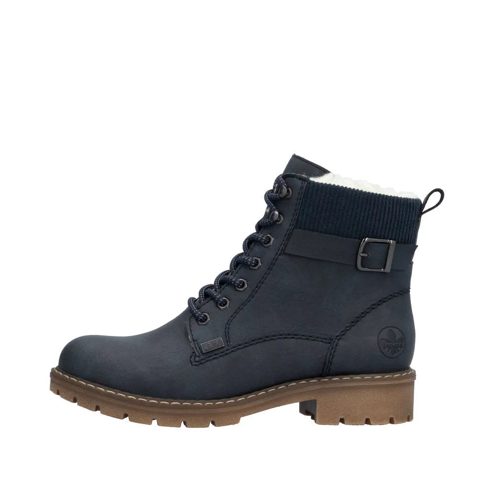 Rieker Y9102-14 women's blue water-resistant ankle boots with lace-up, zip closure, and fleece lining.