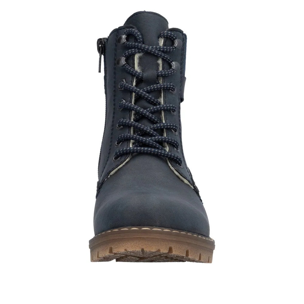 Rieker Y9102-14 women's blue water-resistant ankle boots with zipper and lace-up front.