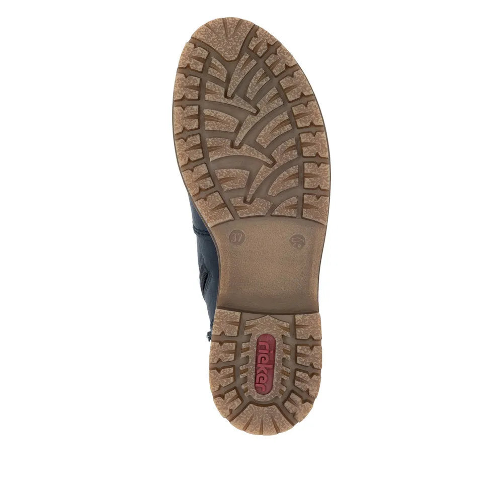 Rieker Y9102-14 women's blue water-resistant ankle boots with zip and lace, rugged sole for outdoor traction.