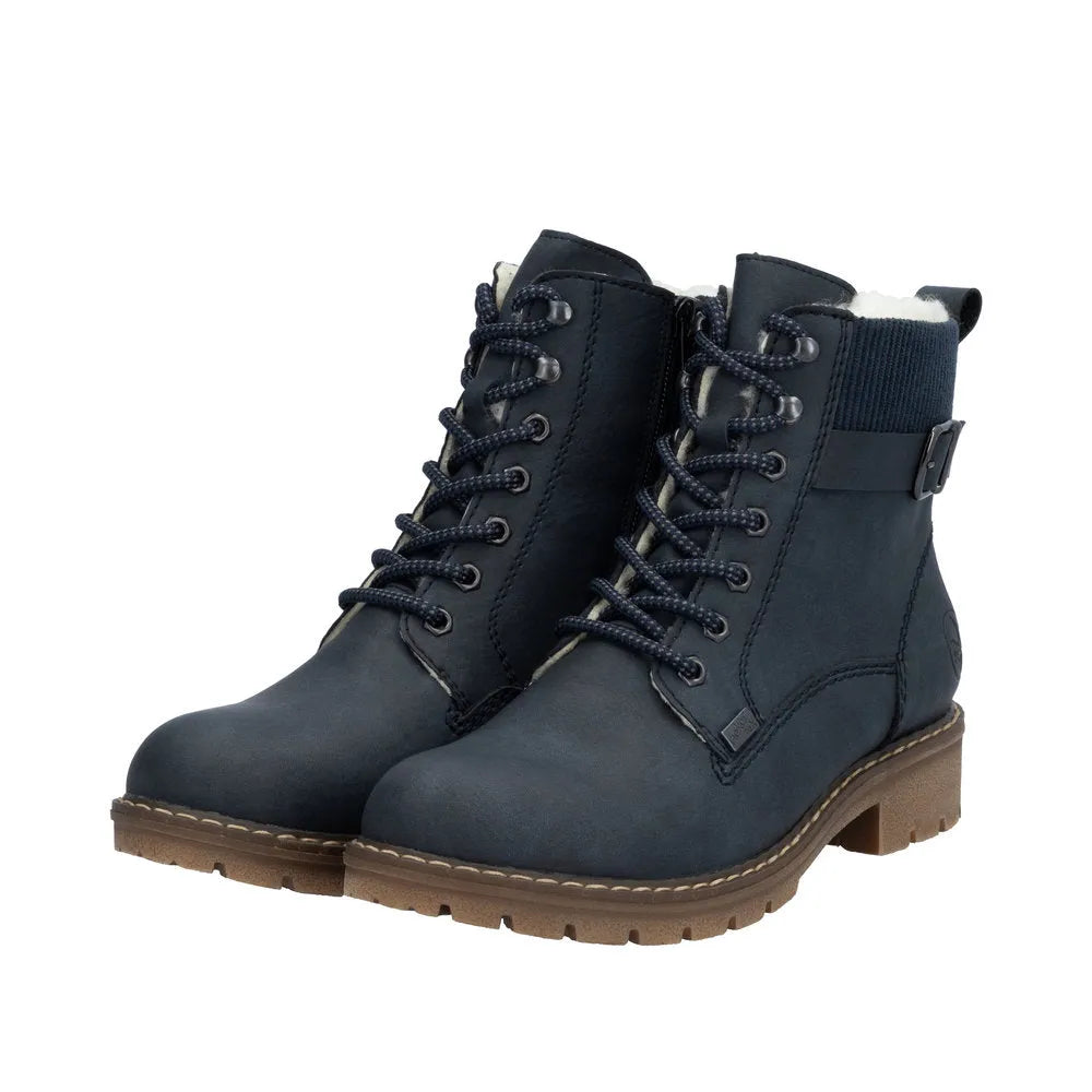 Rieker Y9102-14 Women's Blue Water-Resistant Lace-Up Ankle Boots with Zip, Faux Shearling Lining, and Durable Rubber Sole.