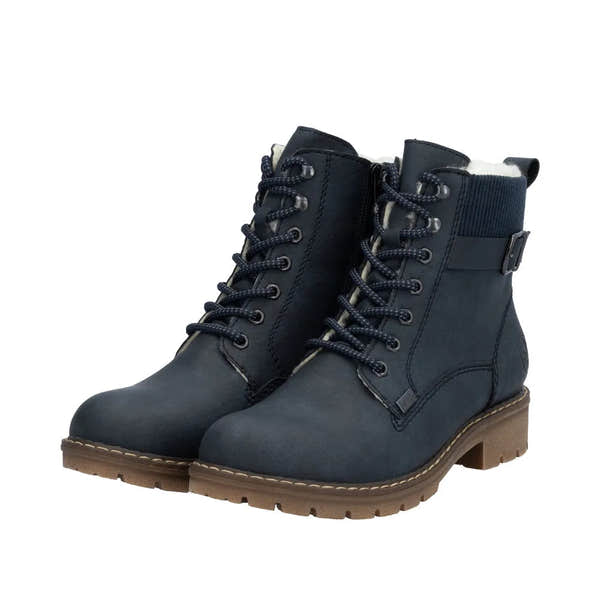 Rieker Y9102-14 Women's Blue Water-Resistant Lace-Up Ankle Boots with Zip, Faux Shearling Lining, and Durable Rubber Sole.