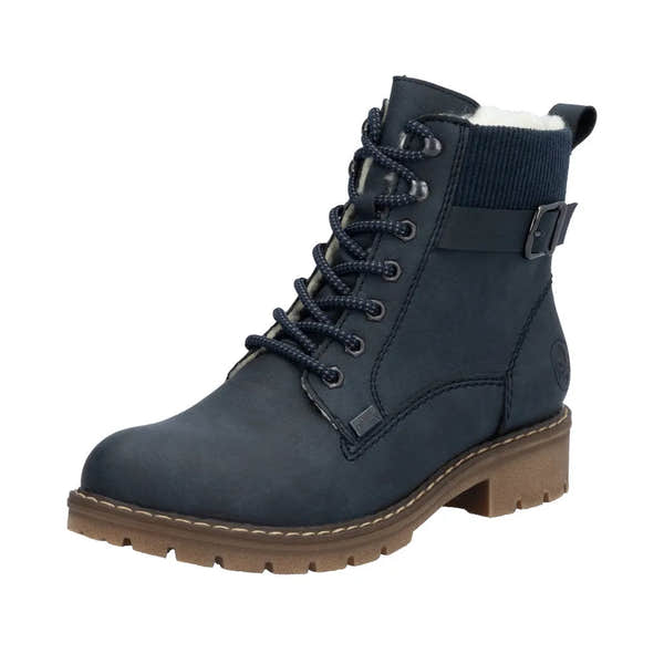 Rieker Y9102-14 women's blue water-resistant lace-up ankle boots with zipper, fleece lining, and chunky sole.