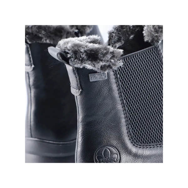 Rieker Z0061-00 women's black water-resistant ankle boots with side zip and faux fur lining.