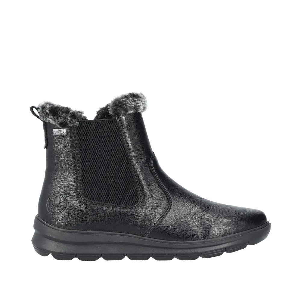 Rieker Z0061-00 women's black water-resistant ankle boots with side zip and faux fur lining.