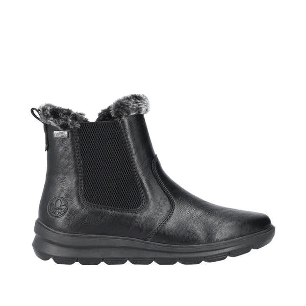 Rieker Z0061-00 women's black water-resistant ankle boots with side zip and faux fur lining.