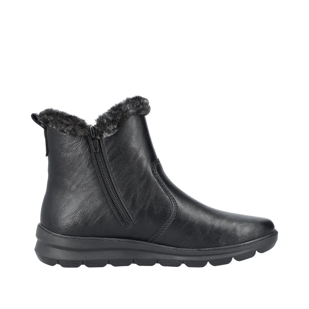Rieker Z0061-00 women's black water-resistant ankle boots with side zipper and faux fur lining.