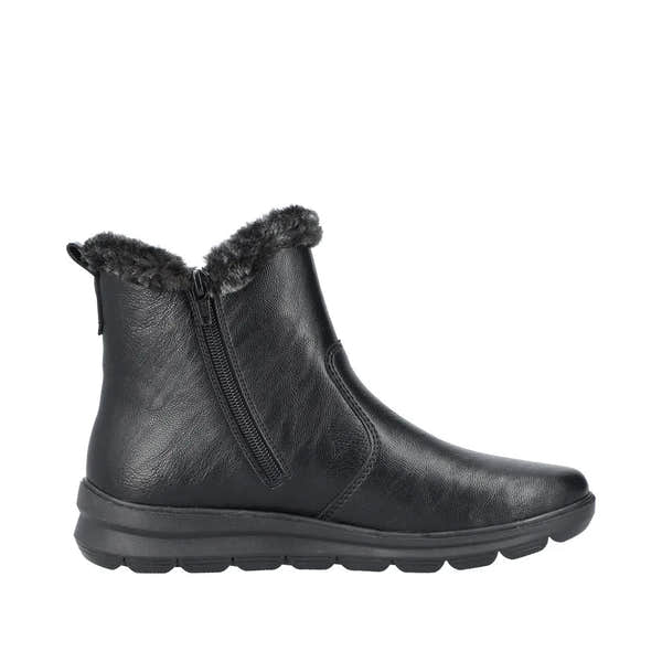 Rieker Z0061-00 women's black water-resistant ankle boots with side zipper and faux fur lining.