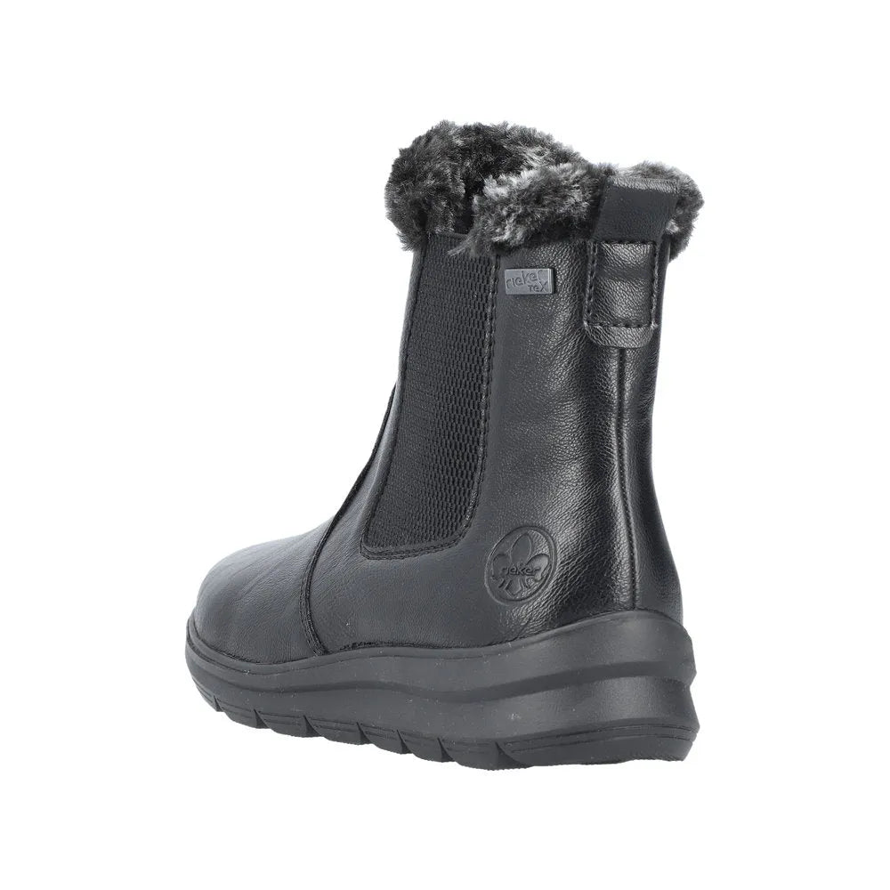 Rieker Z0061-00 women's black water-resistant ankle boots with side zip and faux fur lining, ideal for winter and rainy days.