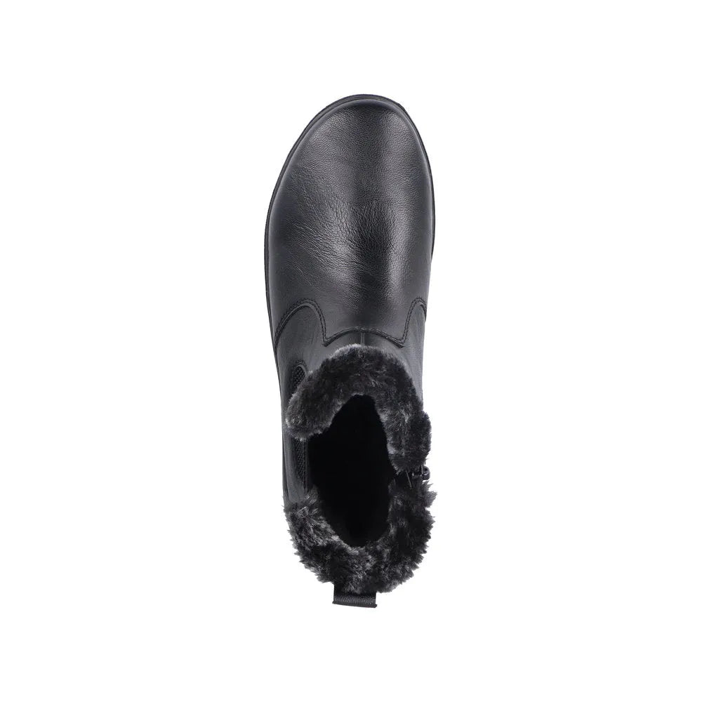 Rieker Z0061-00 women's black water-resistant ankle boots with side zip and faux fur lining.