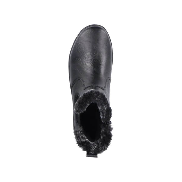 Rieker Z0061-00 women's black water-resistant ankle boots with side zip and faux fur lining.