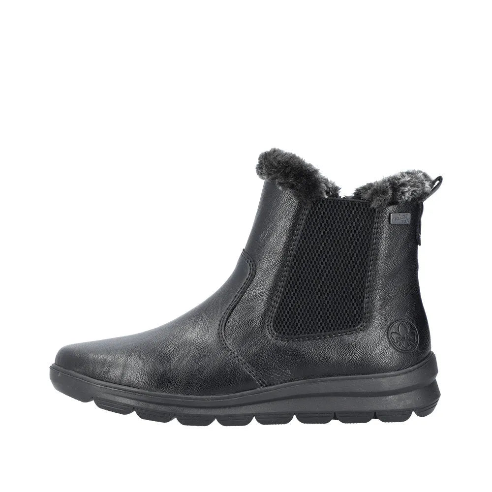 Rieker Z0061-00 women's black water-resistant ankle boots with side zipper, faux fur lining, and slip-resistant sole.