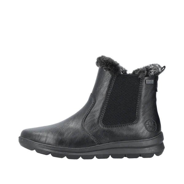 Rieker Z0061-00 women's black water-resistant ankle boots with side zipper, faux fur lining, and slip-resistant sole.