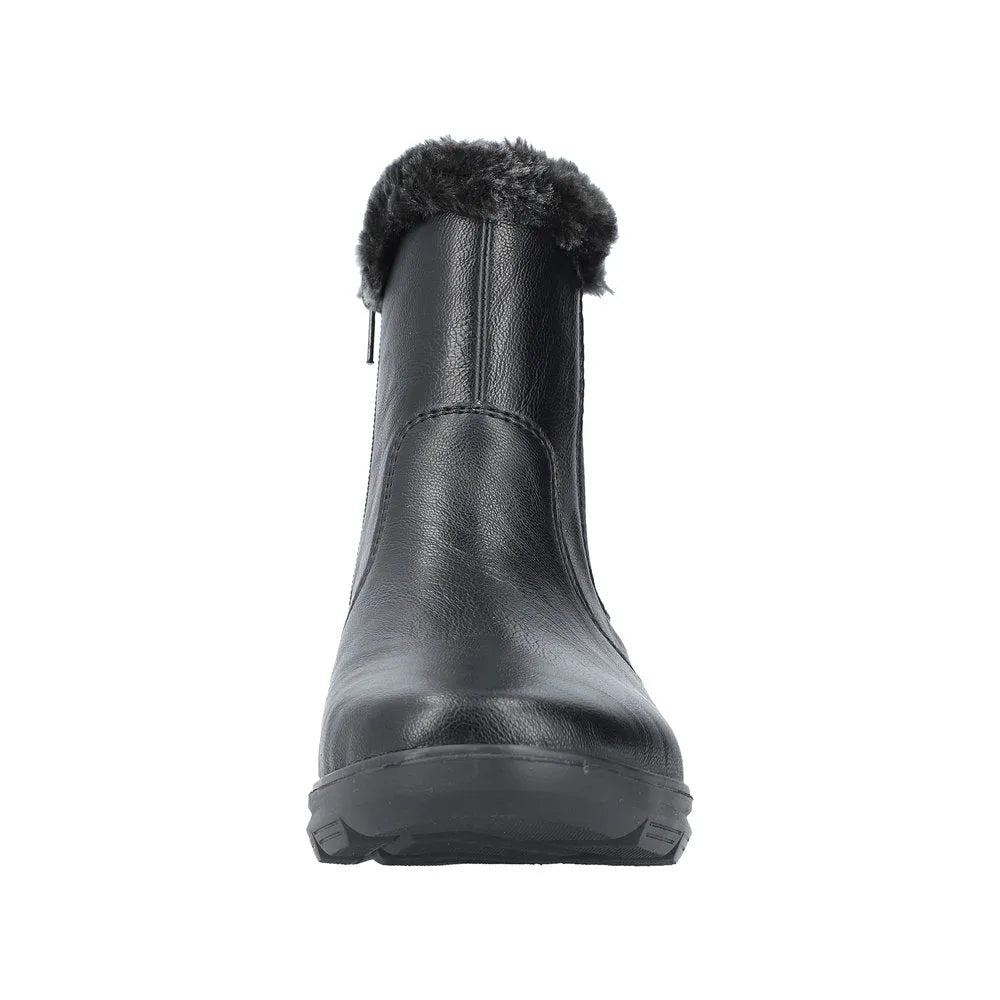 Rieker Z0061-00 women's black waterproof ankle boots with side zipper and faux fur trim, ideal for winter footwear.