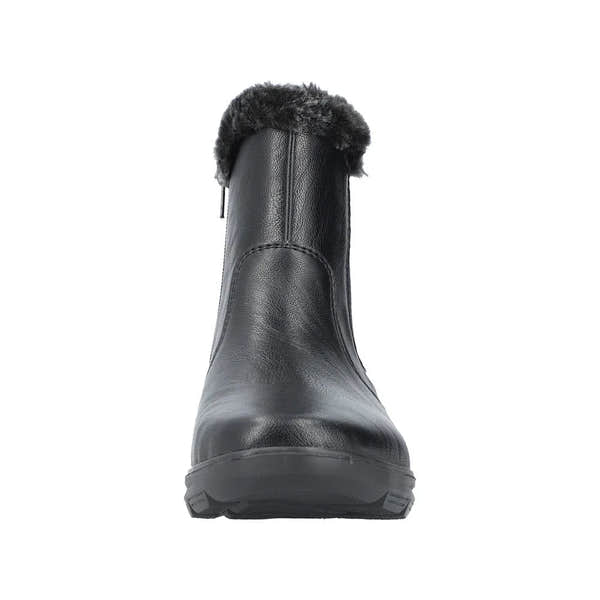 Rieker Z0061-00 women's black waterproof ankle boots with side zipper and faux fur trim, ideal for winter footwear.