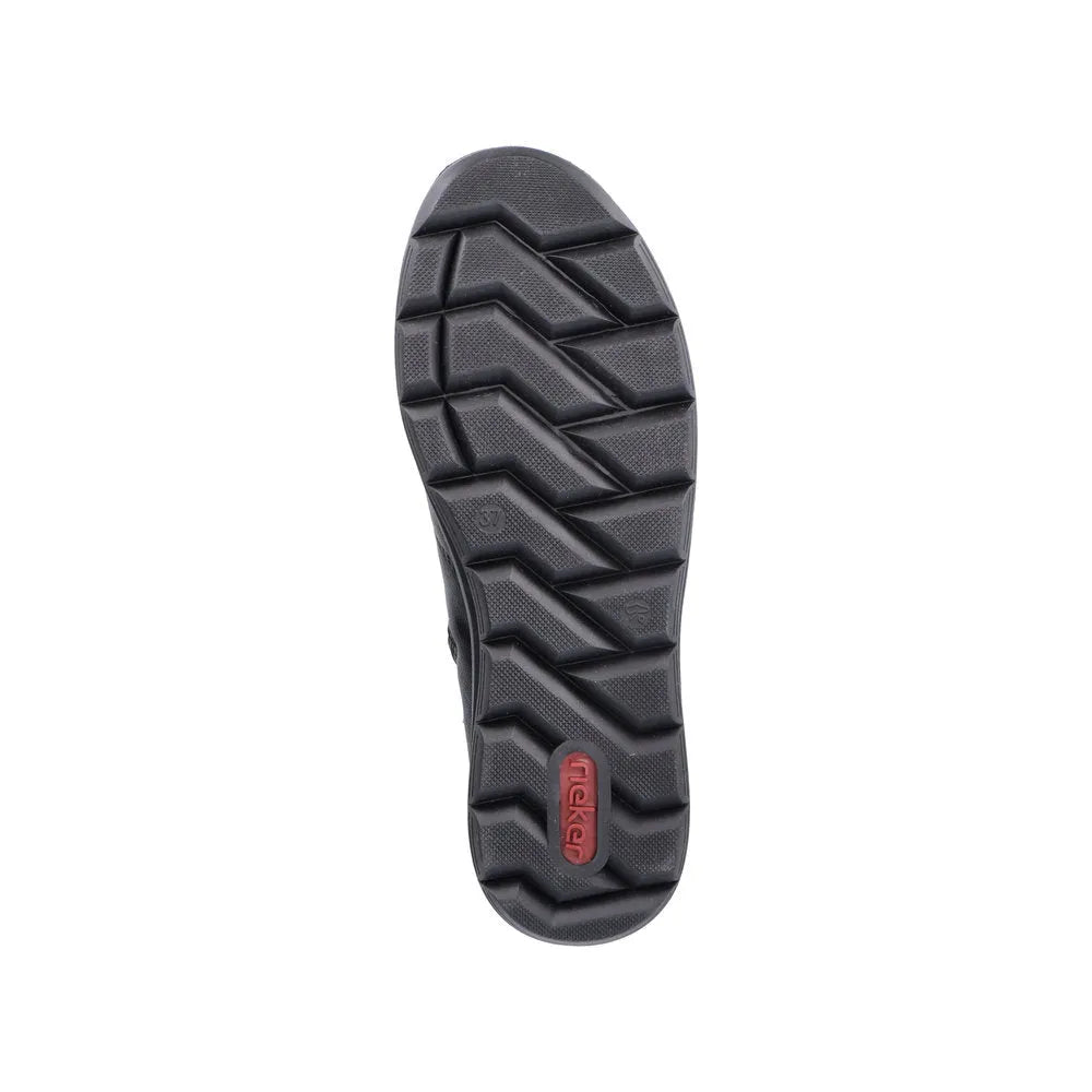 Rieker Z0061-00 women's black water-resistant ankle boots with side zip, rugged slip-resistant outsole, and stylish design.