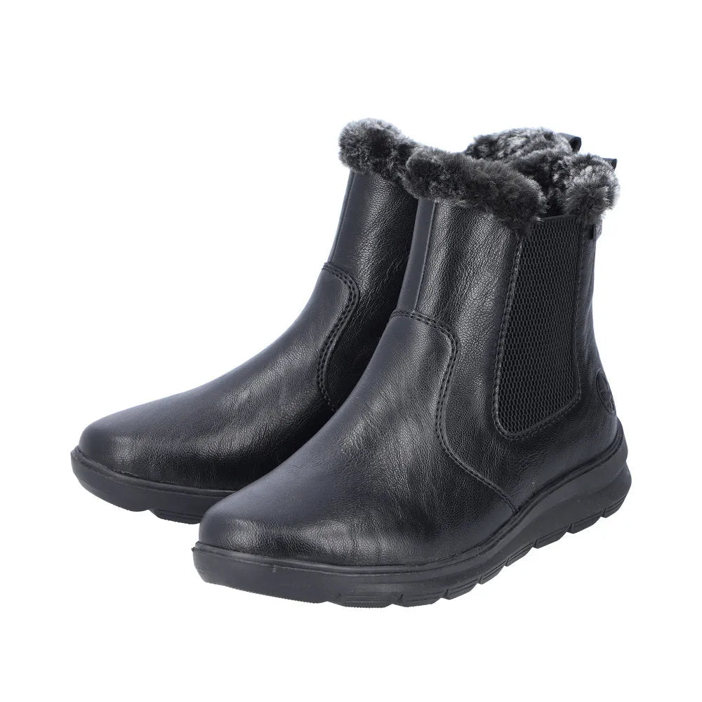Rieker Z0061-00 women's black water-resistant ankle boots with side zipper and faux fur lining.