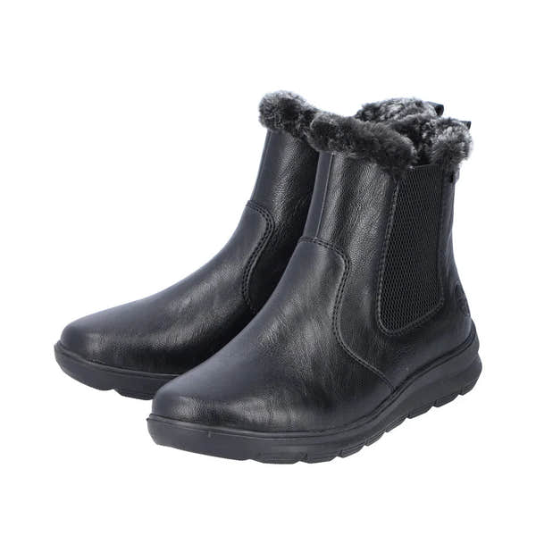 Rieker Z0061-00 women's black water-resistant ankle boots with side zipper and faux fur lining.