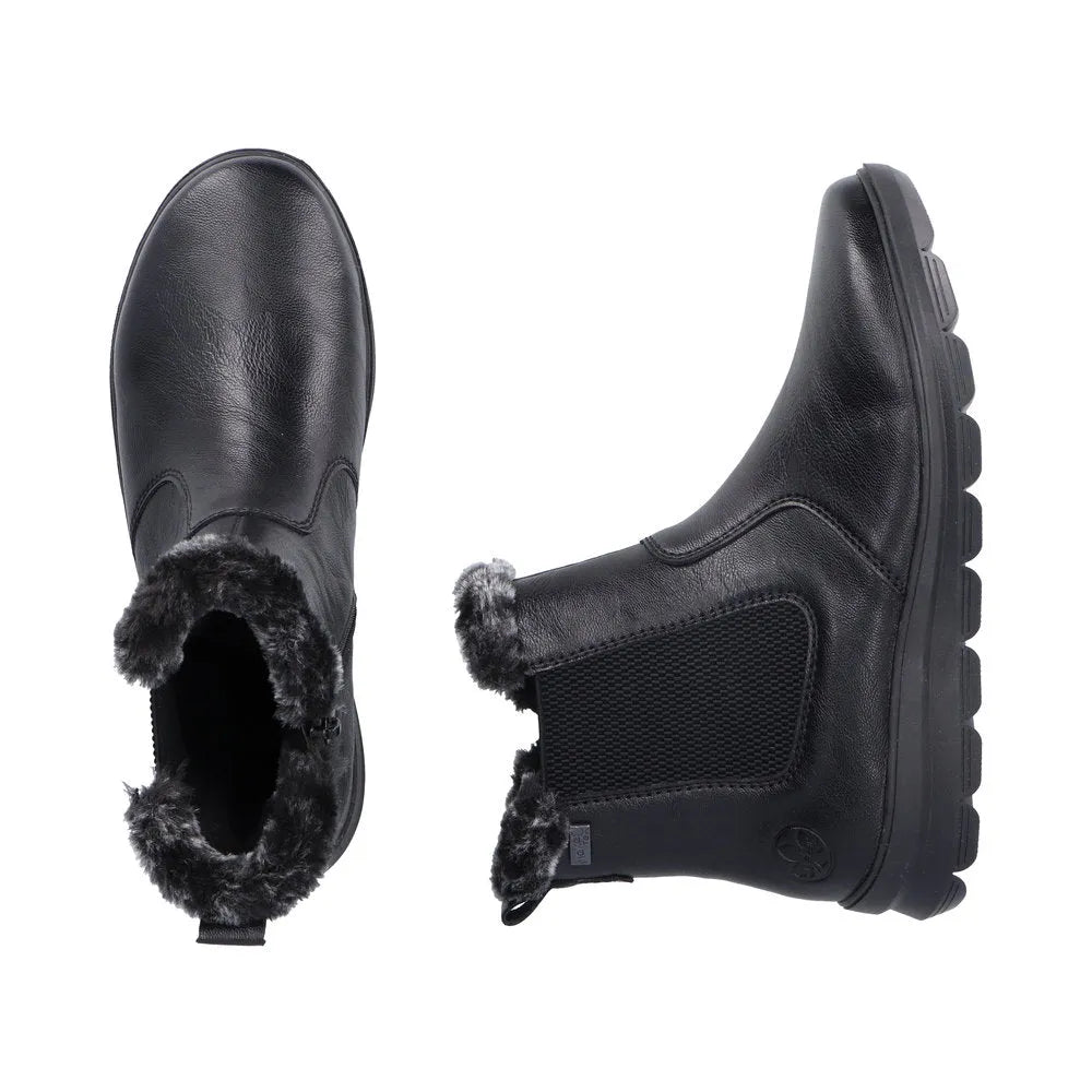 Rieker Z0061-00 women's black water-resistant ankle boots with side zipper and faux fur lining.