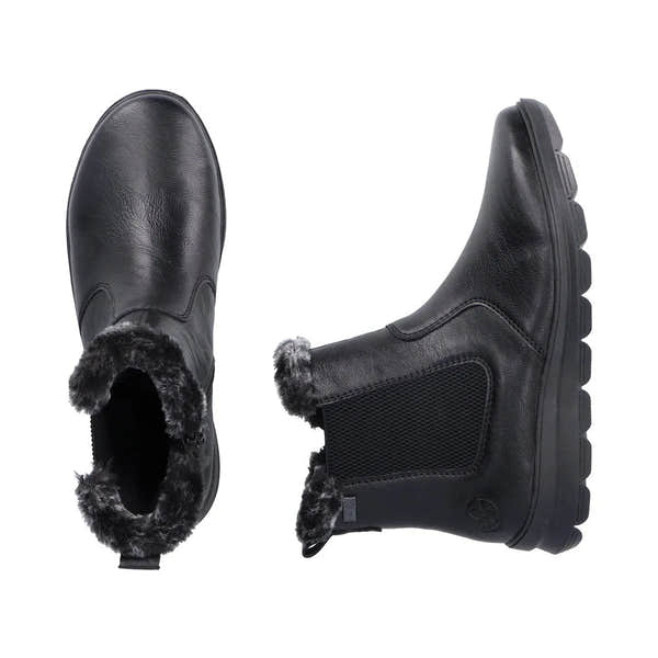 Rieker Z0061-00 women's black water-resistant ankle boots with side zipper and faux fur lining.